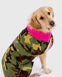 Labradoodle sitting down, wearing Camo Pink dryrobe® Dog