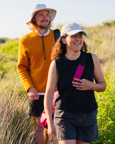 Male and female wearing grey Dryrobe® water resistant wide brimmed hat 