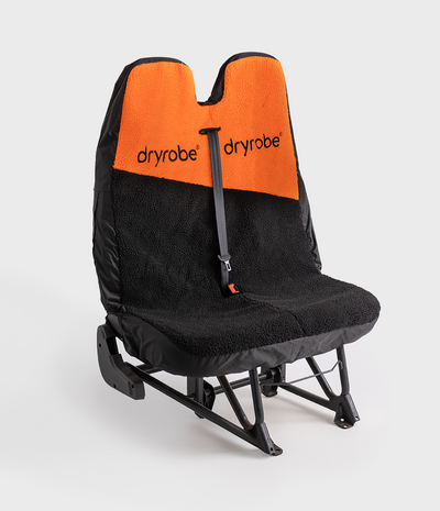 Black and orange double car seat cover with Dryrobe® branding on a white background
