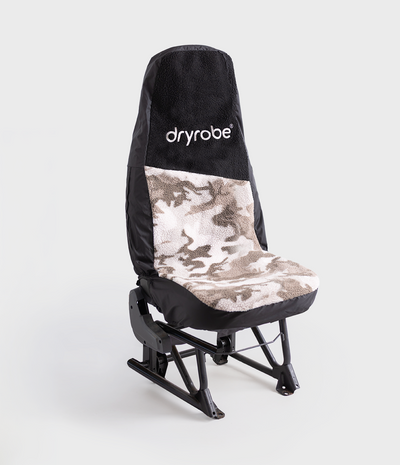 Black and sand camo single car seat cover with Dryrobe® branding on a white background