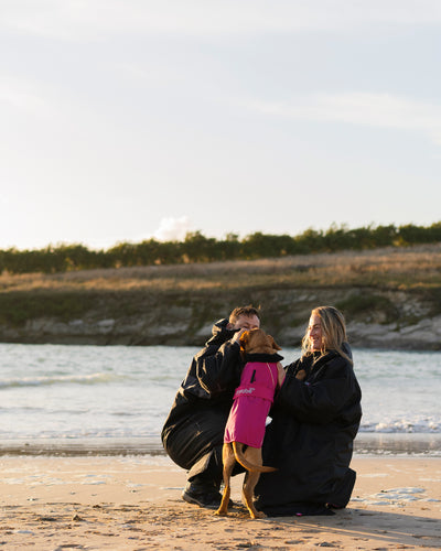 Dog wearing pink black Dogrobe greeting owners on the beach