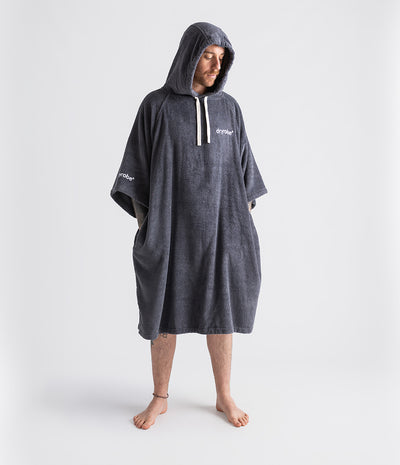 *MALE* Person wearing a grey hooded towel robe with a brand logo on a white background