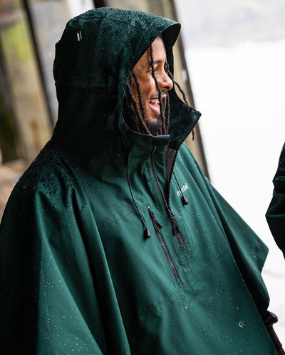 *MALE* Man stood in the rain wearing a Dryrobe® ponhco