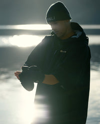 *MALE* stood in front of a lake, wearing dryrobe® Lite changing robe and dryrobe® Eco Thermal Gloves