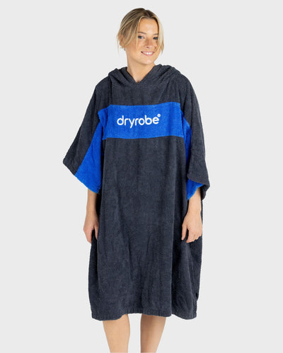 Woman wearing Organic Towel dryrobe Remix in Navy Royal Blue
