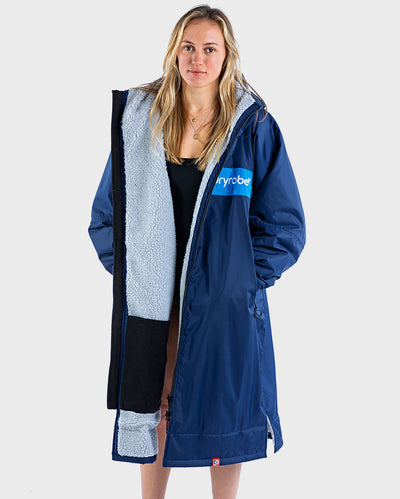 Woman wearing dryrobe Advance Long Sleeve REMIX Range change robe in Navy Grey Cobalt 