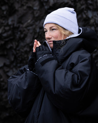 dryrobe® Ambassador Cal Major wearing Grey dryrobe® Eco beanie 