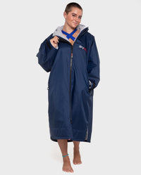 Woman wearing Navy Grey dryrobe® Advance Long Sleeve