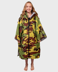 Girl wearing dryrobe Advance Short Sleeve changing robe in Camo Grey