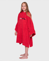 Girl wearing Red Kids Organic Towel robe with hood down