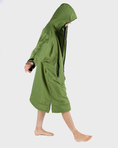 *MALE* wearing Forest Green Dryrobe Advance Long Sleeve with hood up