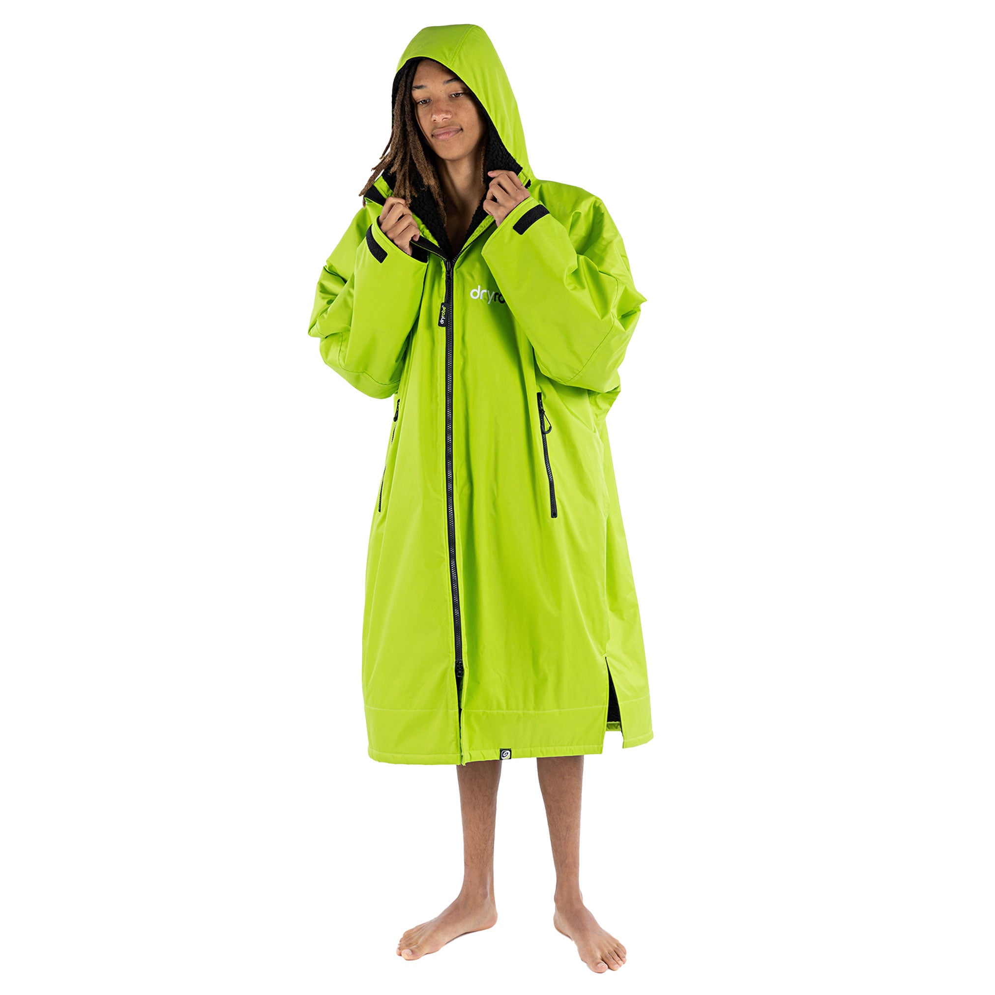 1|dryrobe Advance Long Sleeve Lime Green Black Front view Hood up
